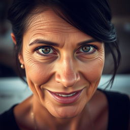 A 40-year-old woman with dark hair and tanned skin, featuring expressive eyes that tell a story of life experiences and depth