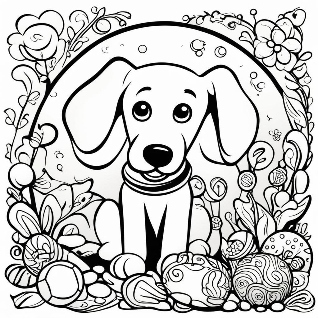 Black and white children's colouring book page featuring a friendly dog surrounded by playful elements like a ball and bone.