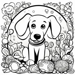 Black and white children's colouring book page featuring a friendly dog surrounded by playful elements like a ball and bone.