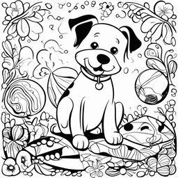 Black and white children's colouring book page featuring a friendly dog surrounded by playful elements like a ball and bone.