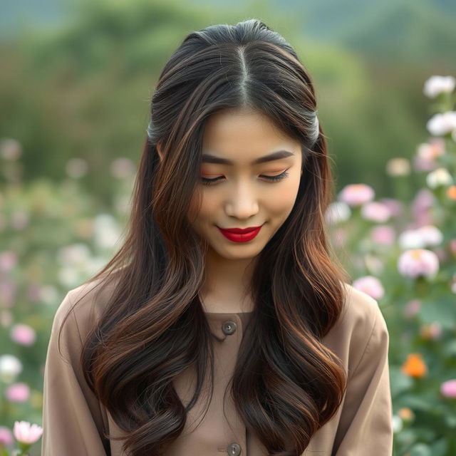 A distant shot of a 45-year-old Korean woman with a shy expression, captured in a beautiful outdoor setting