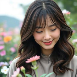 A distant shot of a 45-year-old Korean woman with a shy expression, captured in a beautiful outdoor setting