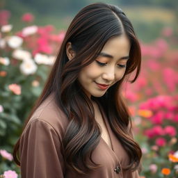 A distant shot of a 45-year-old Korean woman with a shy expression, captured in a beautiful outdoor setting