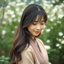 A distant shot of a 45-year-old Korean woman with a shy expression, captured in a beautiful outdoor setting