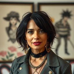 A 35-year-old woman with dark hair and tanned skin, showcasing an original and unique style that reflects her personality