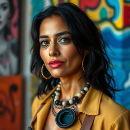 A 35-year-old woman with dark hair and tanned skin, showcasing an original and unique style that reflects her personality