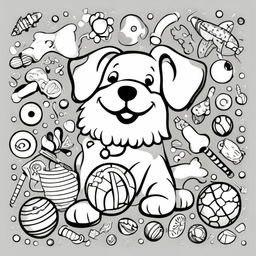 Black and white children's colouring book page featuring a friendly dog surrounded by playful elements like a ball and bone.