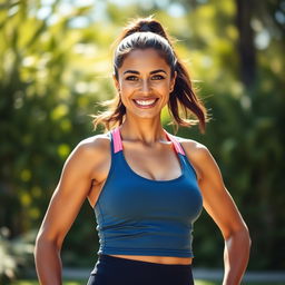 A dynamic 35-year-old woman with a tanned skin tone and dark hair, styled in a practical ponytail