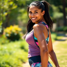 A dynamic 35-year-old woman with a tanned skin tone and dark hair, styled in a practical ponytail