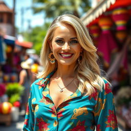 A 34-year-old woman with beautiful blonde hair and a striking Latina appearance, dressed in stylish and colorful clothing that reflects her vibrant personality