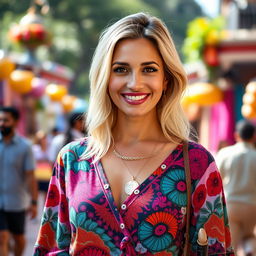 A 34-year-old woman with beautiful blonde hair and a striking Latina appearance, dressed in stylish and colorful clothing that reflects her vibrant personality