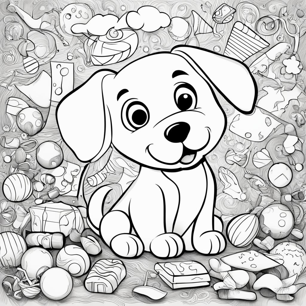 Black and white children's colouring book page featuring a friendly dog surrounded by playful elements like a ball and bone.