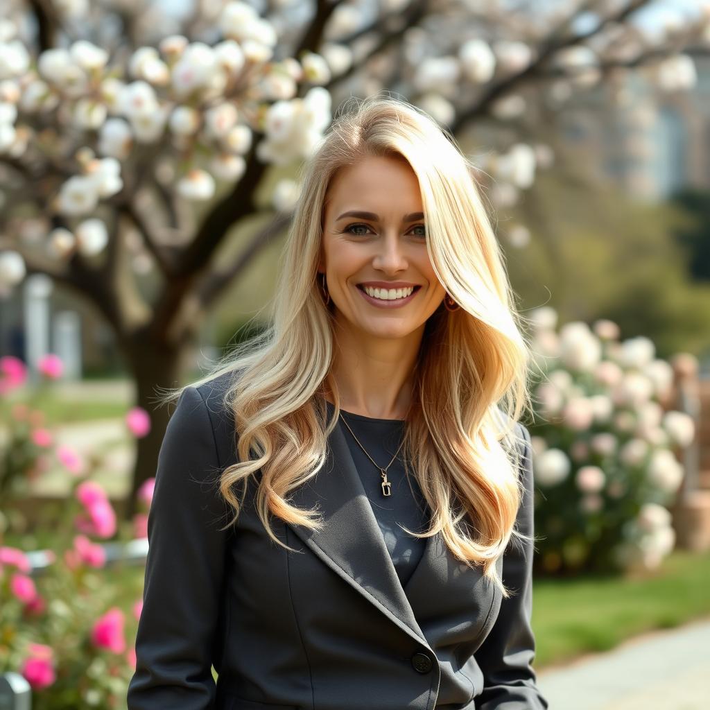 A 35-year-old European woman with light blonde hair, dressed in a stylish outfit that highlights her elegance