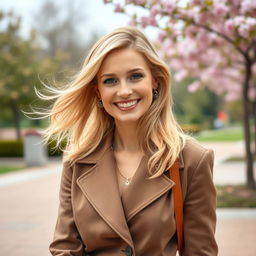 A 35-year-old European woman with light blonde hair, dressed in a stylish outfit that highlights her elegance
