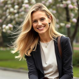 A 35-year-old European woman with light blonde hair, dressed in a stylish outfit that highlights her elegance