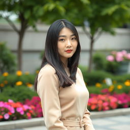 A distant shot of a 45-year-old Korean woman with a composed and straight expression, captured in a picturesque outdoor setting