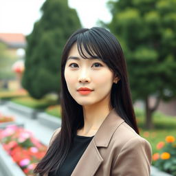 A distant shot of a 45-year-old Korean woman with a composed and straight expression, captured in a picturesque outdoor setting