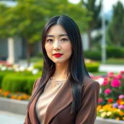 A distant shot of a 45-year-old Korean woman with a composed and straight expression, captured in a picturesque outdoor setting