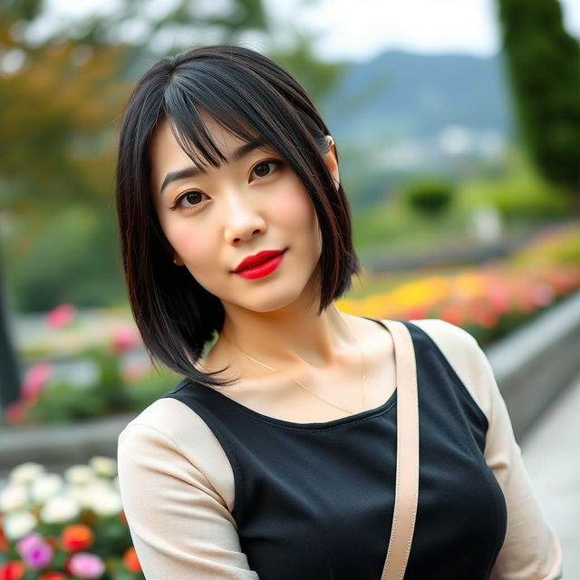 A distant shot of a 45-year-old Korean woman with a composed and straight expression, captured in a picturesque outdoor setting