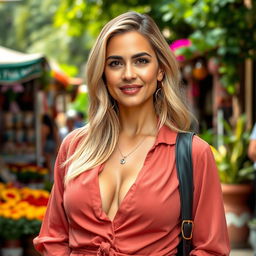 A 34-year-old woman with shiny blonde hair and a captivating Latina appearance, dressed in stylish, modest clothing that showcases her flair without revealing cleavage