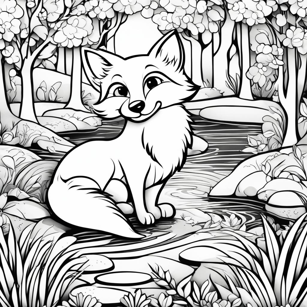 Black and white colouring book page featuring a cute cartoonish fox in a natural setting with trees, bushes and a stream.