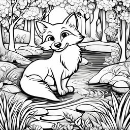 Black and white colouring book page featuring a cute cartoonish fox in a natural setting with trees, bushes and a stream.