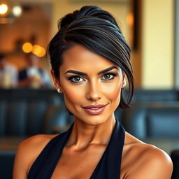 A 35-year-old woman with dark hair styled either in a short cut or pulled back into a sleek ponytail, showcasing her tanned skin and refined facial features