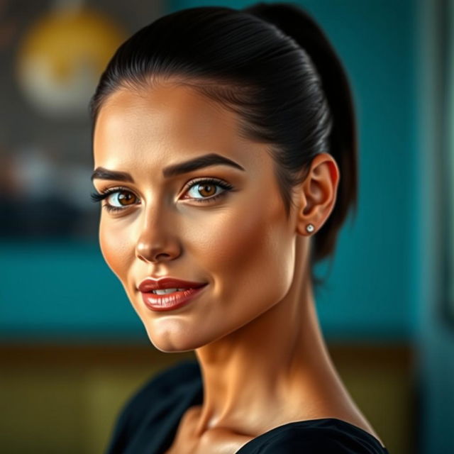 A 35-year-old woman with dark hair styled either in a short cut or pulled back into a sleek ponytail, showcasing her tanned skin and refined facial features