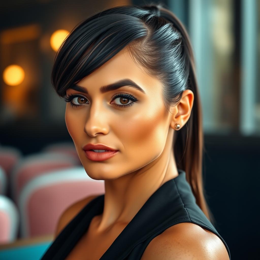 A 35-year-old woman with dark hair styled either in a short cut or pulled back into a sleek ponytail, showcasing her tanned skin and refined facial features