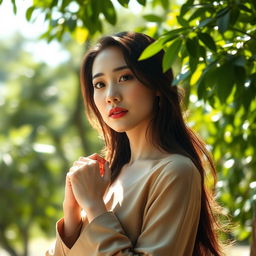 A Vietnamese woman aged 35 with light skin, a slender figure, and soft facial features, dressed in elegant clothing