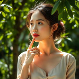 A Vietnamese woman aged 35 with light skin, a slender figure, and soft facial features, dressed in elegant clothing
