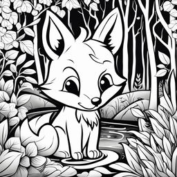 Black and white colouring book page featuring a cute cartoonish fox in a natural setting with trees, bushes and a stream.