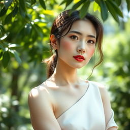 A Vietnamese woman aged 35 with light skin, a slender figure, and soft facial features, dressed in elegant clothing