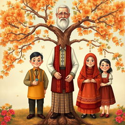 A family tree illustration that vividly depicts a family consisting of six members