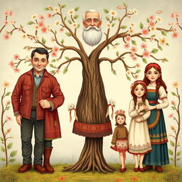 A family tree illustration that vividly depicts a family consisting of six members