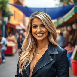A 34-year-old woman with stunning blonde hair and a vibrant Latina appearance, dressed in chic and stylish clothing that captures her essence