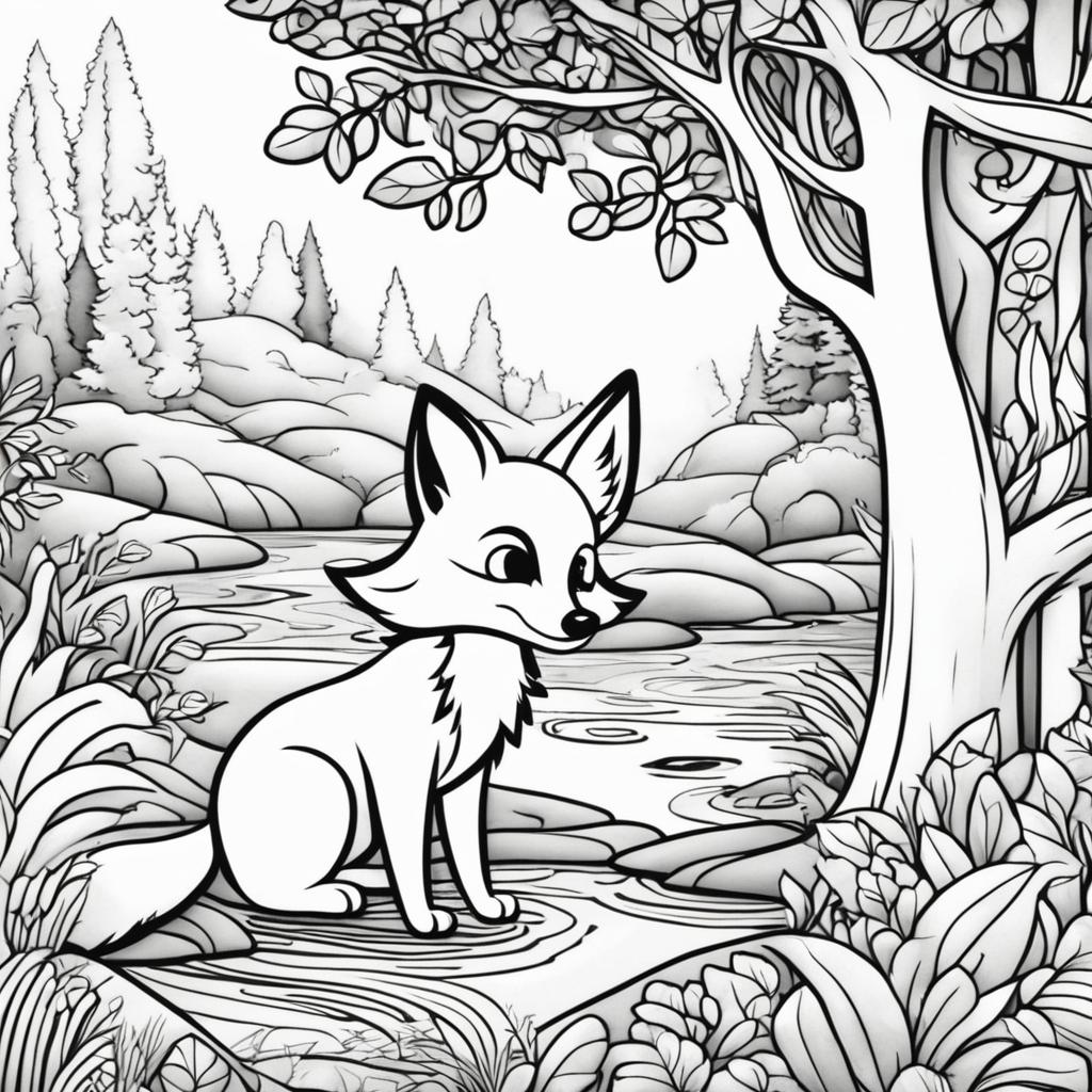 Black and white colouring book page featuring a cute cartoonish fox in a natural setting with trees, bushes and a stream.