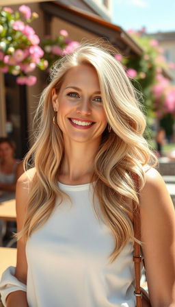 A 35-year-old European woman with light blonde hair, exuding a vibrant and cheerful aura