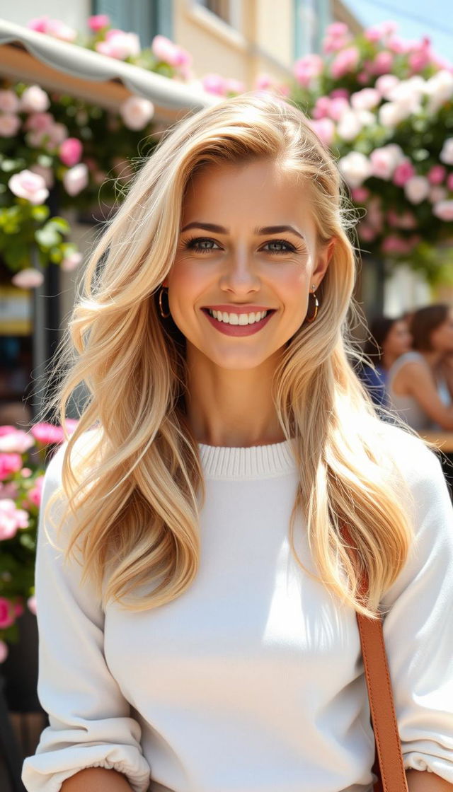 A 35-year-old European woman with light blonde hair, exuding a vibrant and cheerful aura