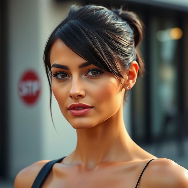 A 35-year-old woman with dark hair, styled in a chic short haircut or pulled back into a neat ponytail, showcasing her tanned skin and refined facial features