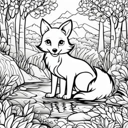 Black and white colouring book page featuring a cute cartoonish fox in a natural setting with trees, bushes and a stream.