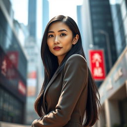 A full-height portrait of a 45-year-old Chinese woman with a straight expression, captured in an elegant and modern urban setting