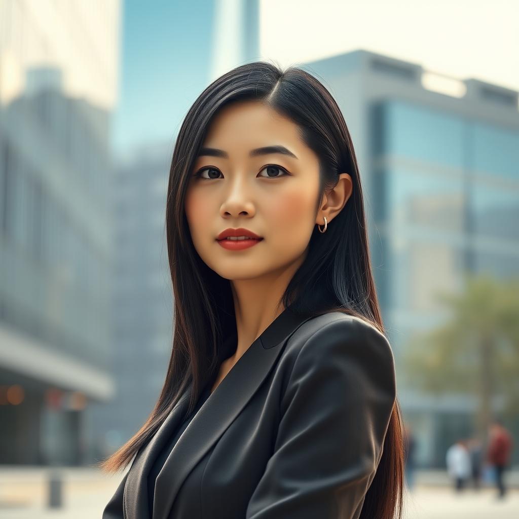 A full-height portrait of a 45-year-old Chinese woman with a straight expression, captured in an elegant and modern urban setting