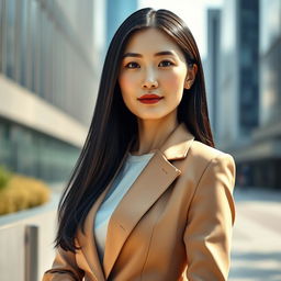 A full-height portrait of a 45-year-old Chinese woman with a straight expression, captured in an elegant and modern urban setting