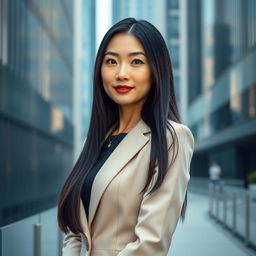 A full-height portrait of a 45-year-old Chinese woman with a straight expression, captured in an elegant and modern urban setting