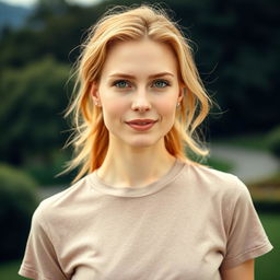 A beautiful woman aged 30-35 with European features, light skin, light blonde or red hair, and captivating blue or green eyes