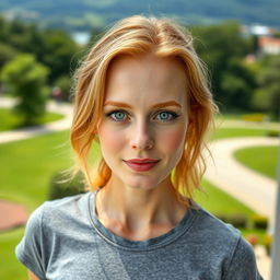 A beautiful woman aged 30-35 with European features, light skin, light blonde or red hair, and captivating blue or green eyes