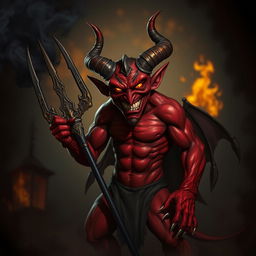 A sinister horned devil character in a dark fantasy setting, with glowing red eyes and sharp horns protruding from its forehead