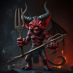 A sinister horned devil character in a dark fantasy setting, with glowing red eyes and sharp horns protruding from its forehead