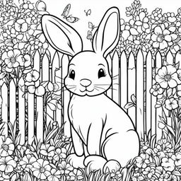 Black and white colouring book page featuring a cute bunny in a garden setting with flowers and a picket fence.